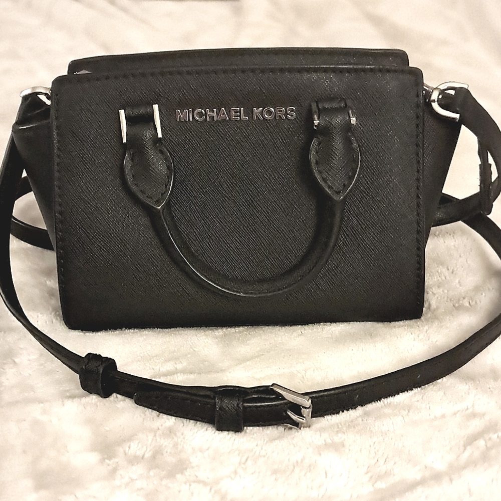 Michael Kors Black Leather Crossbody Satchel.